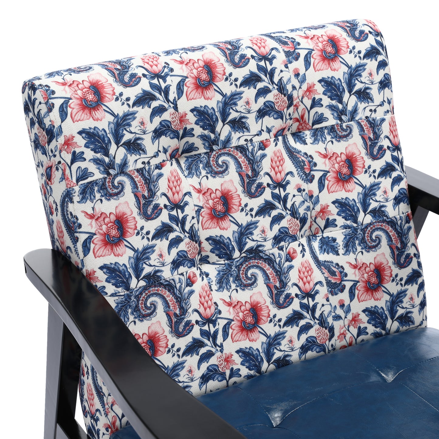 Canapé d'Appoint Japonais - Toile Fleurie Bleu/Rouge & Accoudoirs PU Noir - Design Vintage Mid-Century