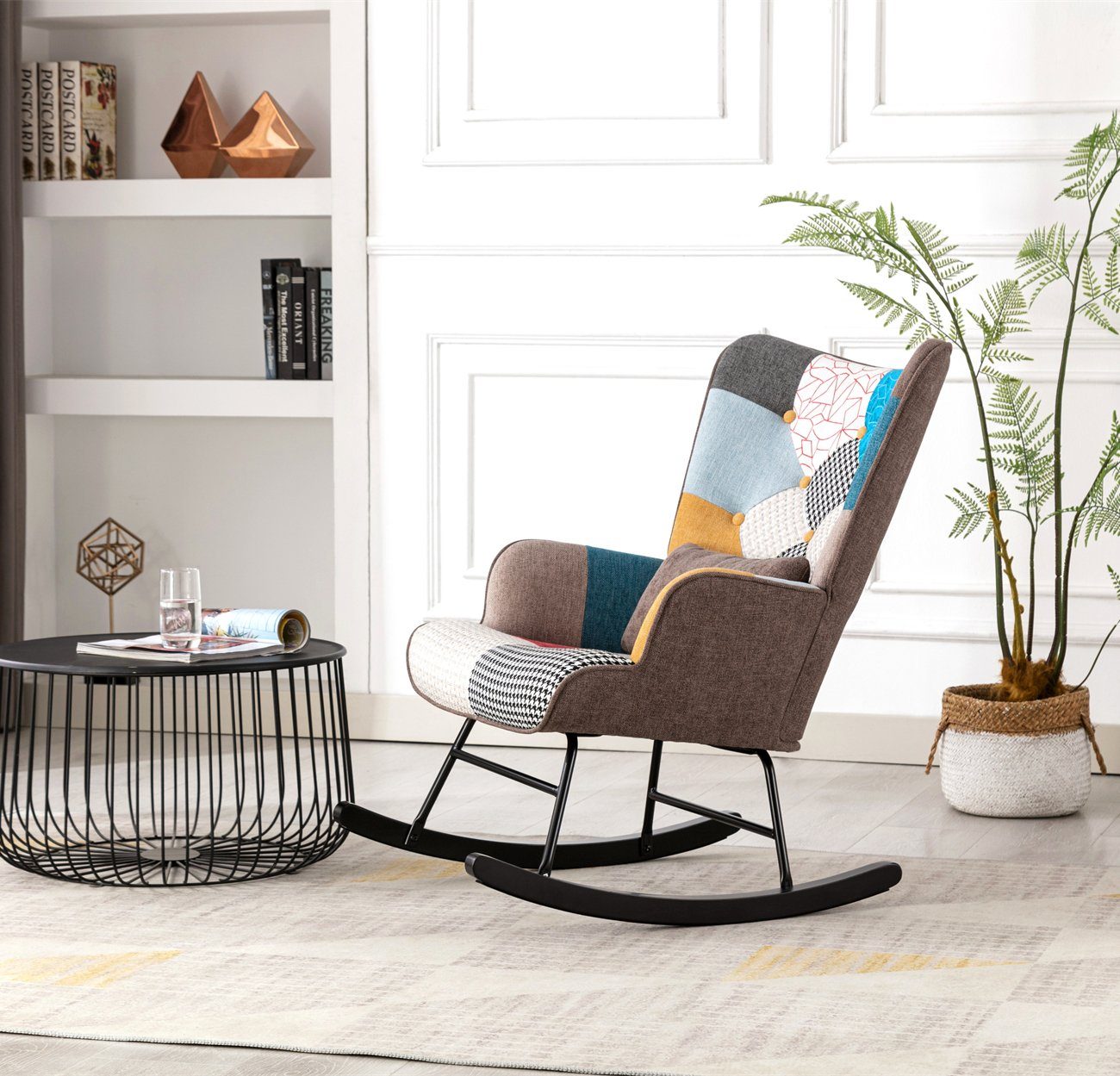 Fauteuil à Bascule Patchwork Rocking Chair Berçante Allaitement Bébé avec Oreiller Style Scandinave Tissu en Lin Bois d'Hévéa