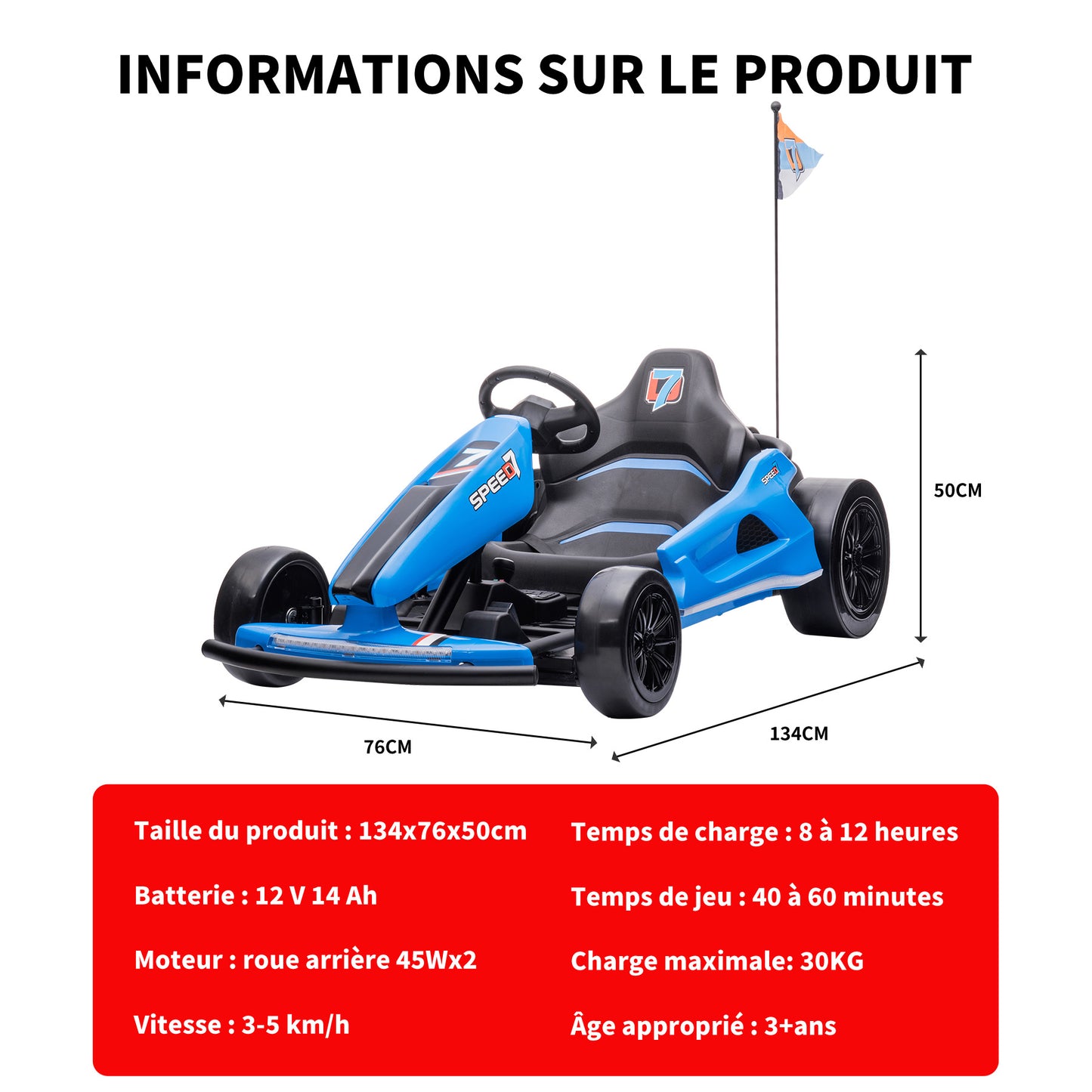 HOMEMiYN 24 V 13 km/h Elektro-Driftkart mit Sanftanlauf, Musik, Hupe, Sicherheitsgurt für Kinder von 8–12 Jahren (blau)