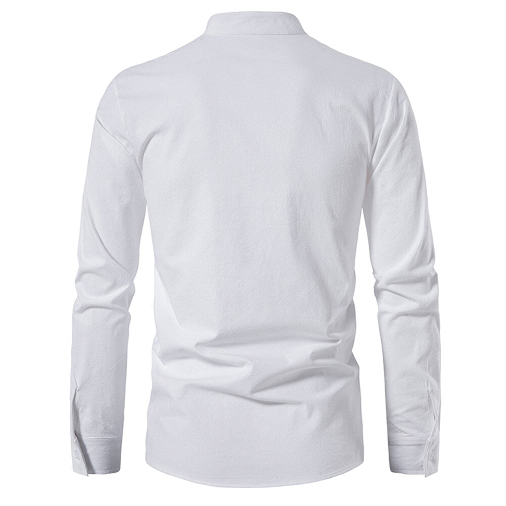 YFFUSHI Mens Summer Cotton Shirts Casual Beach Party Stand Collar Tie Long Sleeves Top