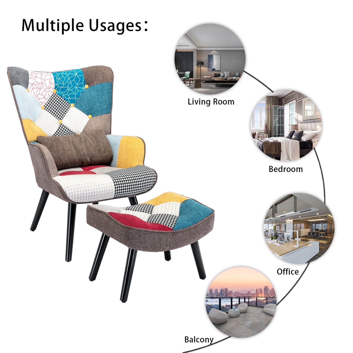 Scandinavian Patchwork Armchair with Ottoman - Solid Wood Legs & Lumbar Pillow - Multicolor Linen Fabric for Living Room/Balcony