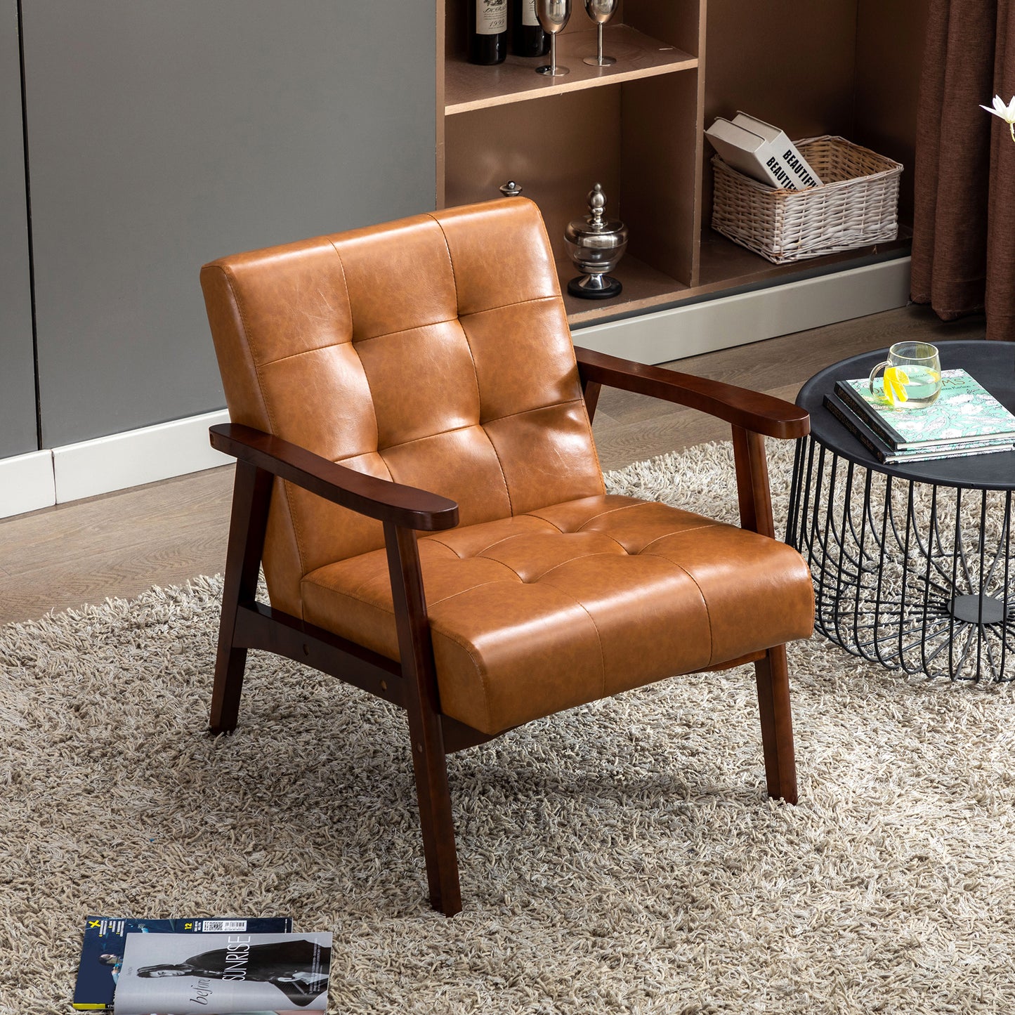 Scandinavian Leather Armchair - Caramel Brown, 67cm (W) x 76cm (D) x 76cm (H) – Mid-Century Modern Lounge Chair