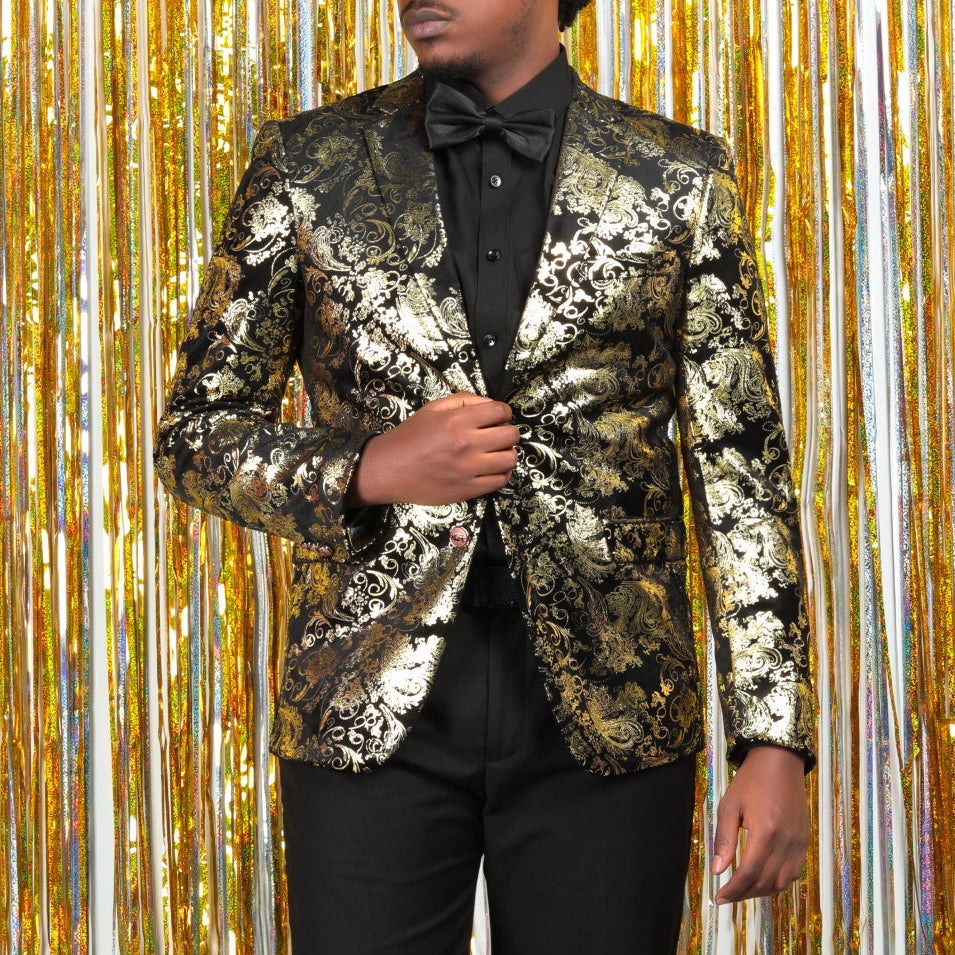 Cloudstyle Men's Dress Floral Suit Notched Lapel Slim Fit Stylish Blazer Dress Golden Suit