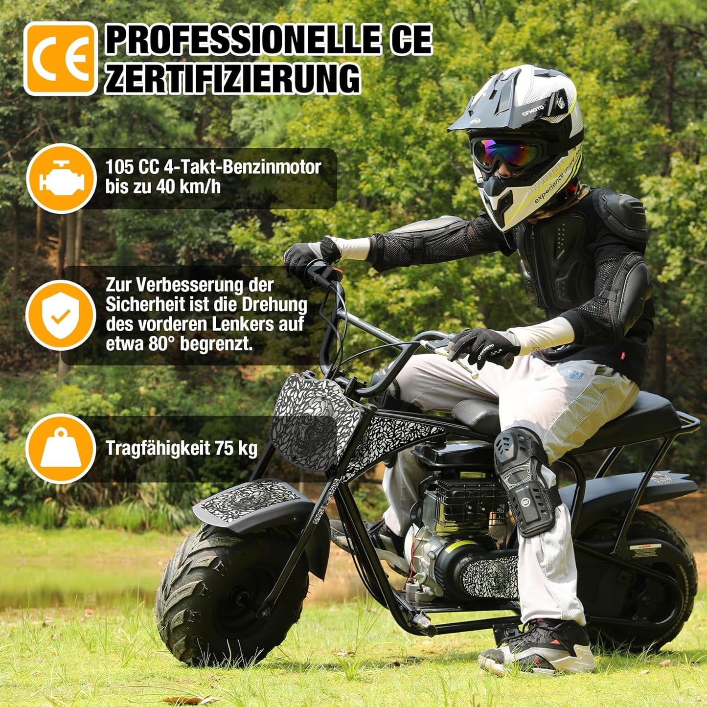 Oryxearth Mini motocicleta Harley-Davidson Off-Road 105cc(100x38x66.5 cm - Motor 4-Tempos a Gasolina Automática - Idade 13+)
