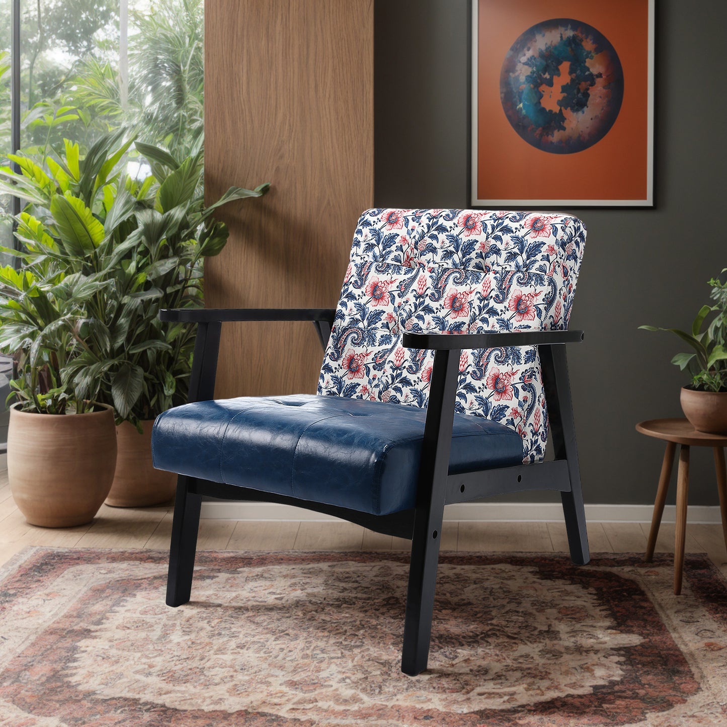 Canapé d'Appoint Japonais - Toile Fleurie Bleu/Rouge & Accoudoirs PU Noir - Design Vintage Mid-Century
