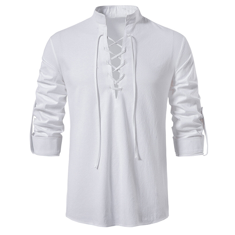 YFFUSHI Mens Summer Cotton Shirts Casual Beach Party Stand Collar Tie Long Sleeves Top