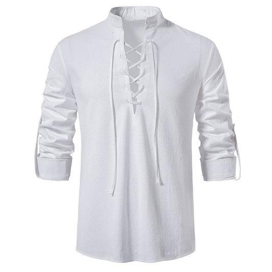 YFFUSHI Mens Summer Cotton Shirts Casual Beach Party Stand Collar Tie Long Sleeves Top