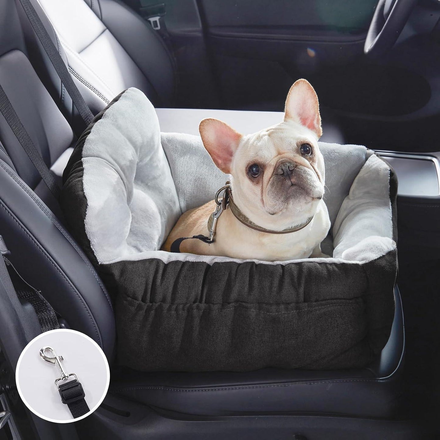 Siège auto pour chien avec ceinture de sécurité stable et sac de rangement, siège auto pour chien imperméable et lavable pour siège arrière et avantle, Noir.