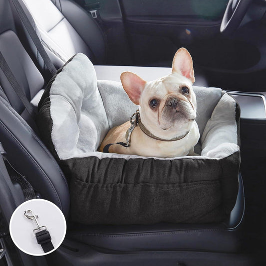 Siège pour petit chien, siège pour chien avec ceinture de sécurité robuste et poche de rangement.
