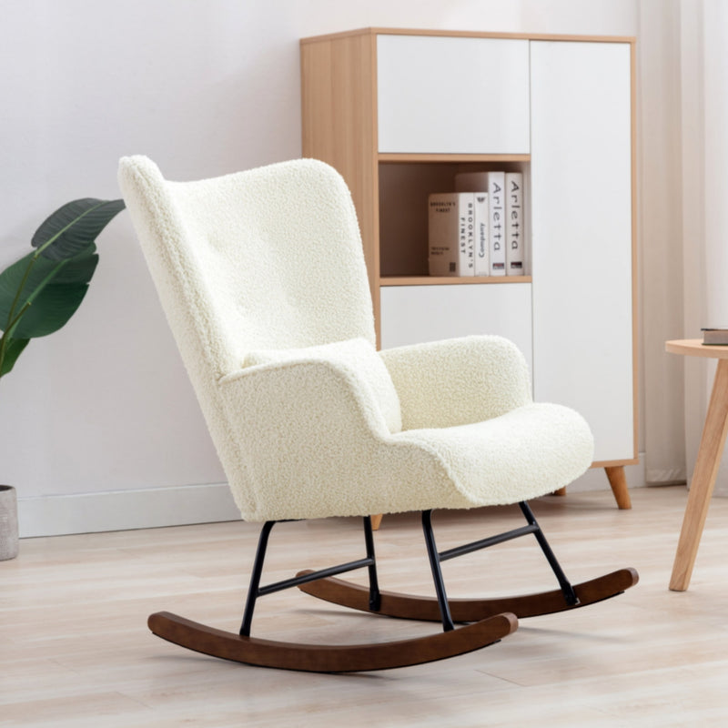Beige Scandinavian Rocking Chair with Lumbar Support – Plush Living Room Armchair for Reading & Relaxing