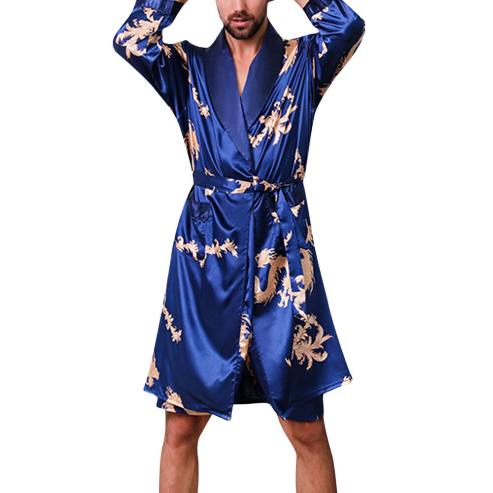 YFFUSHI Mens Dressing Gown 2 Piece Smooth Dragon Prints Belt Robe and Shorts