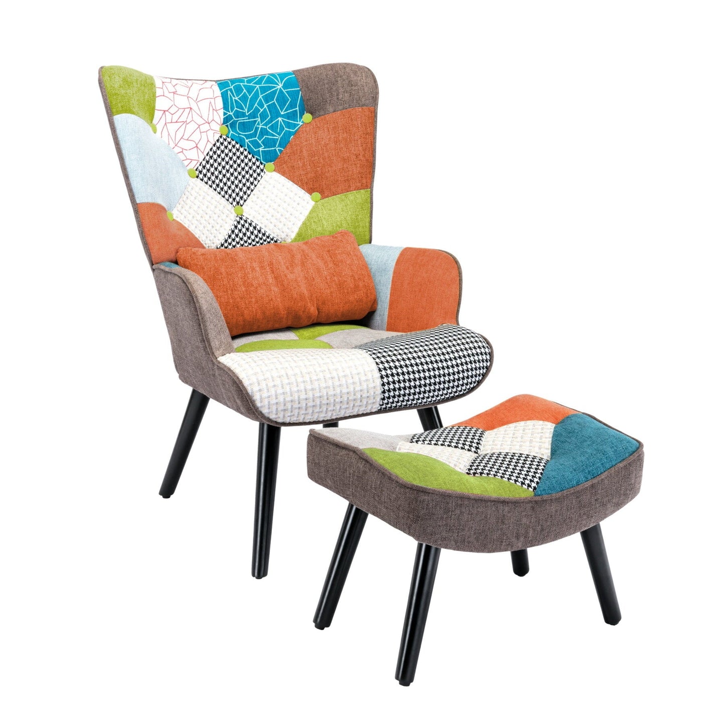 Fauteuil Salon Patchwork avec Repose Pieds en Tissu Lin Multicouleur, Fauteuil Scandinave en Bois Massif avec Support Lombaire, Lin