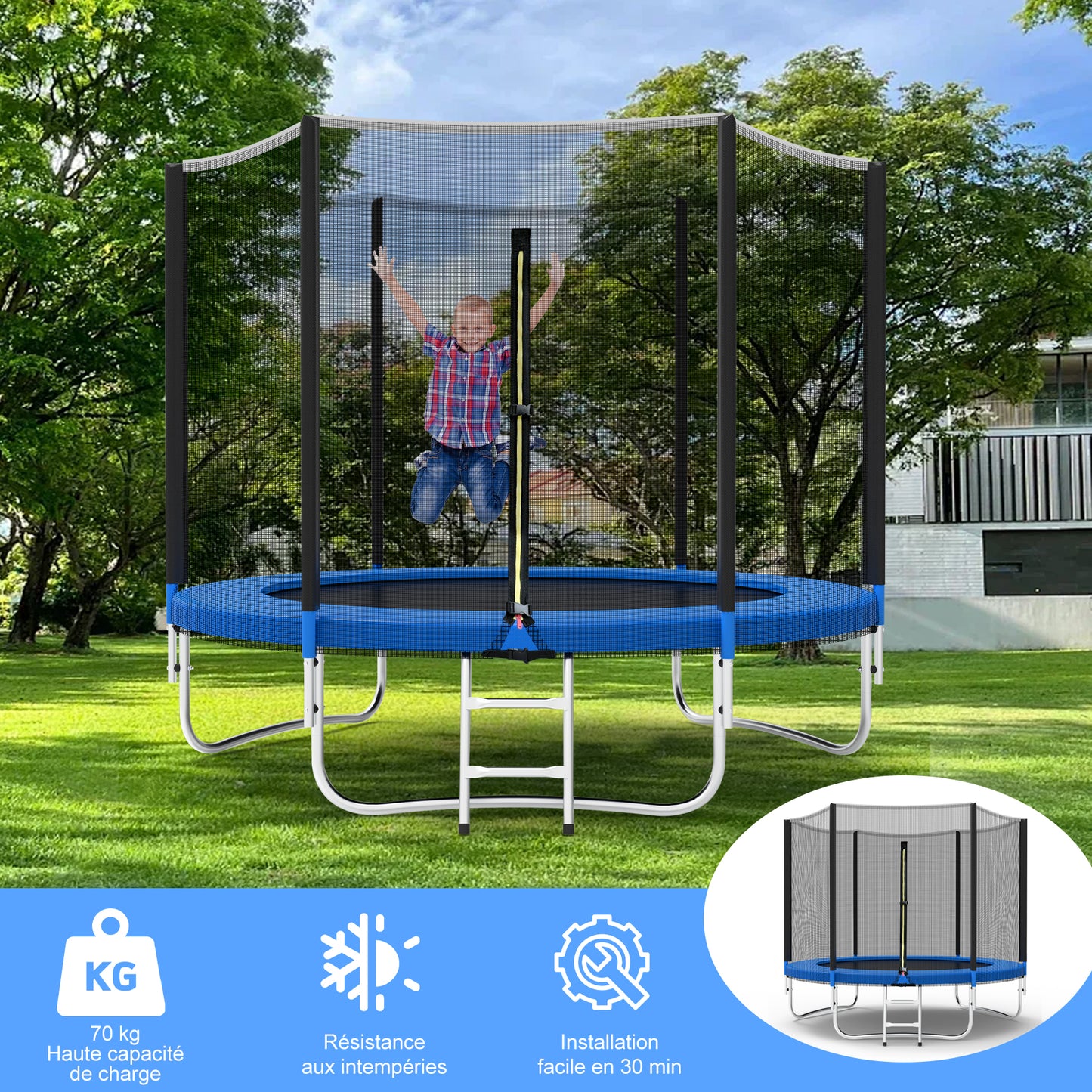 Trampoline Jardin 183cm - Enfants/Adultes, Filet Sécurité + Couverture - Noir/Bleu - Jeux Extérieur