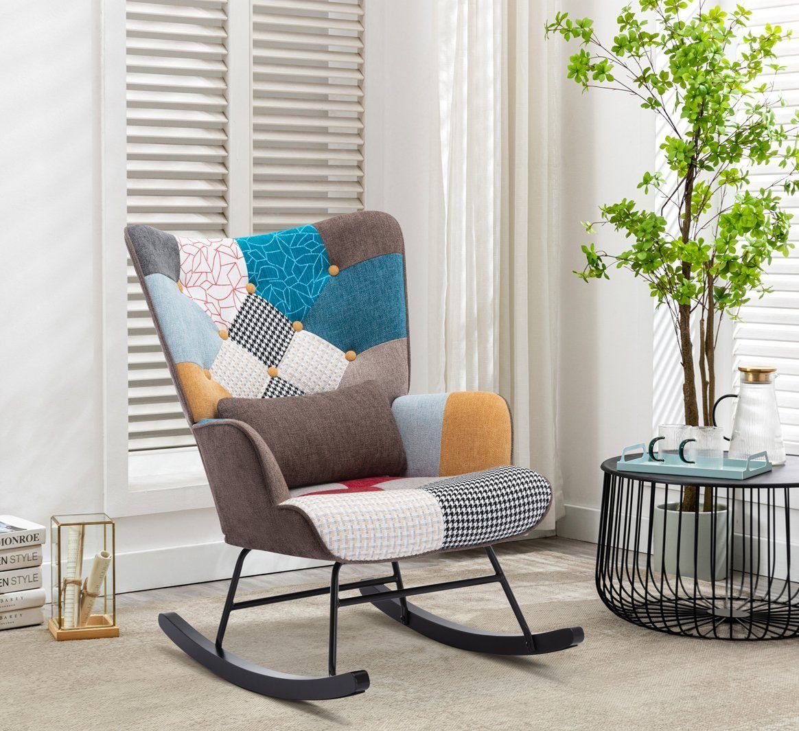 Fauteuil à Bascule Patchwork Rocking Chair Berçante Allaitement Bébé avec Oreiller Style Scandinave Tissu en Lin Bois d'Hévéa