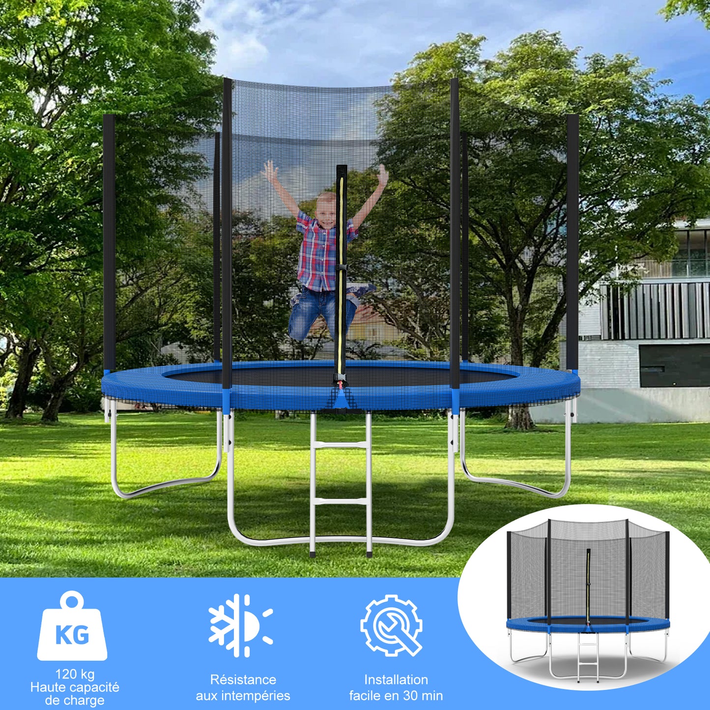 Trampoline de Jardin Enfants et Adultes Jeux d'Extérieur 305 cm Noir et Bleu Avec Filet de sécurité Couverture de protection