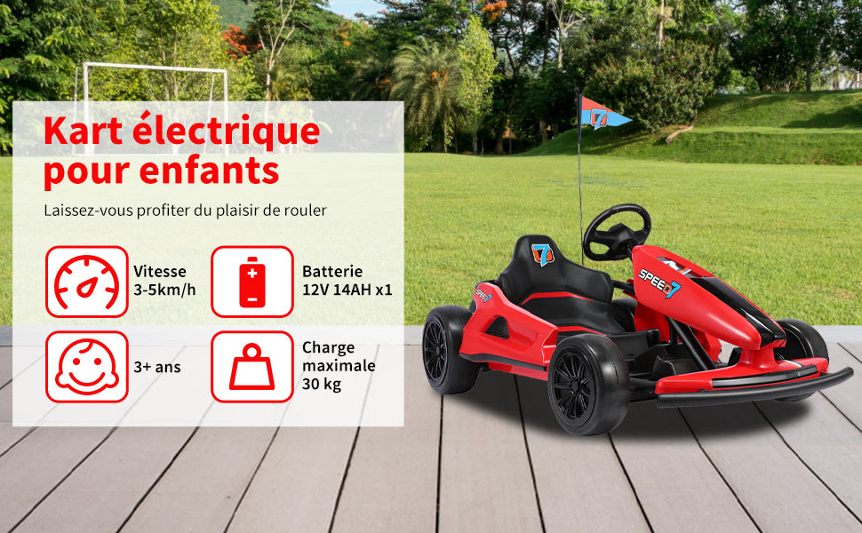 HOMEMiYN 24V 13 km/u elektrische driftkart met zachte start, muziek, claxon, veiligheidsgordel voor kinderen van 8-12 jaar (rood).