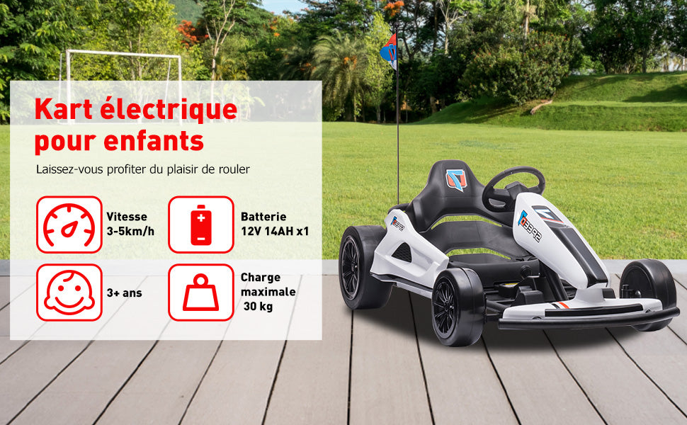 HOMEMiYN 24V 13 km/u elektrische driftkart met zachte start, muziek, claxon, veiligheidsgordel voor kinderen van 8-12 jaar (wit).