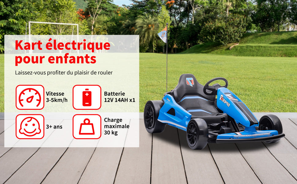 HOMEMiYN 24 V 13 km/h Elektro-Driftkart mit Sanftanlauf, Musik, Hupe, Sicherheitsgurt für Kinder von 8–12 Jahren (blau)