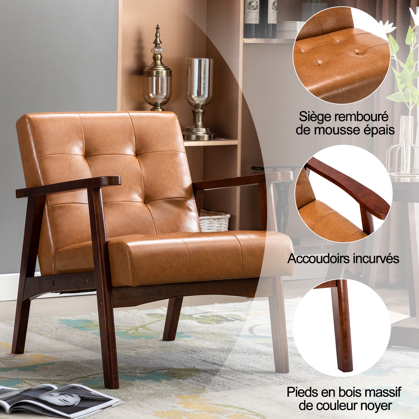 Fauteuil en bois au design scandinave et cuir Caramel-L 67 x L 76 x H 76 cm