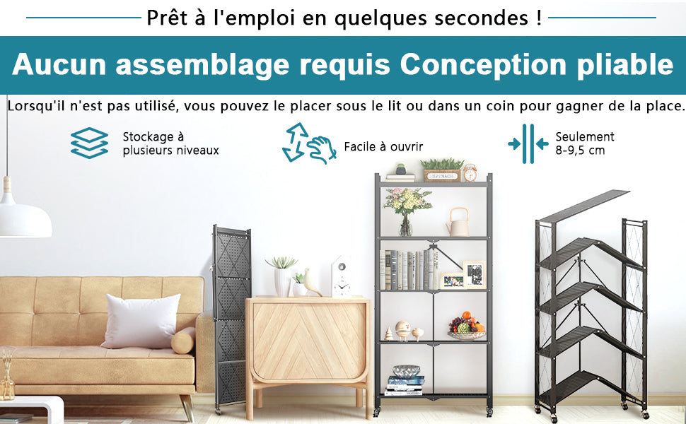 HomeMiYN Étagère de Rangement Pliable 4 à  5 Niveaux，Étagère de rangement multifonctionnel,Étagère à roulettes,71*34*159cm,Noir