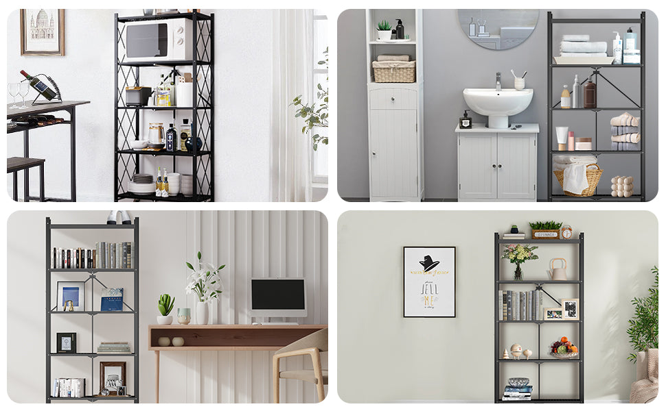 Estante organizador plegable HomeMiYN de 4-5 niveles: almacenamiento multiusos para el hogar, la cocina y el baño, color negro