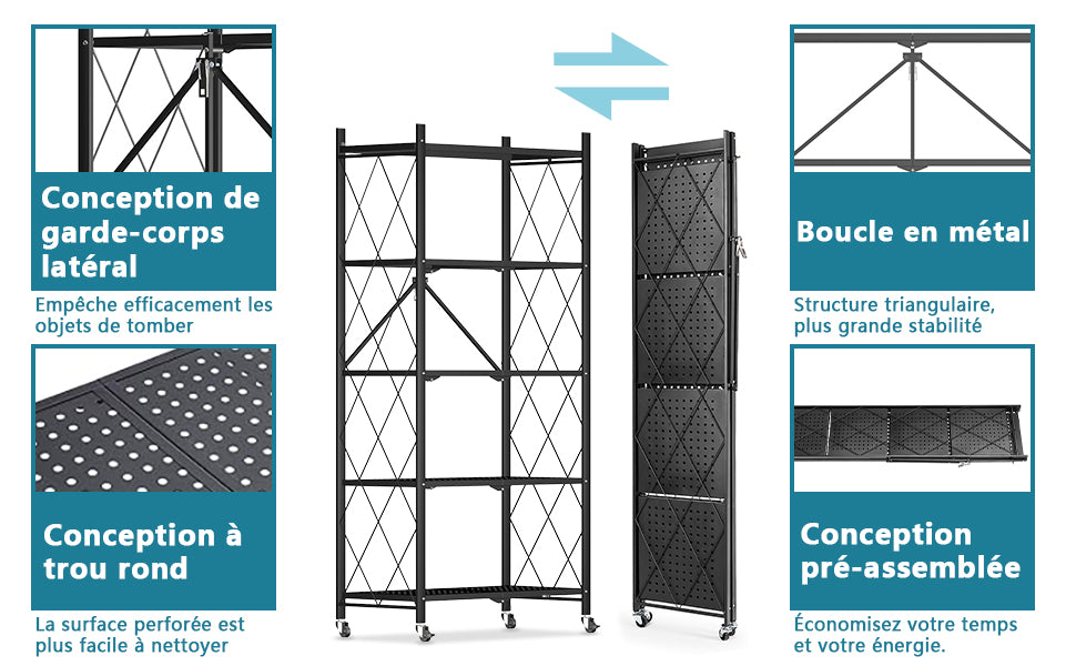 HomeMiYN Étagère de Rangement Pliable 4 à  5 Niveaux，Étagère de rangement multifonctionnel,Étagère à roulettes,71*34*159cm,Noir