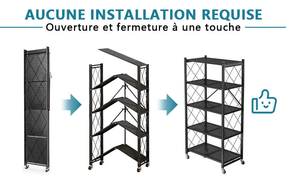 HomeMiYN Étagère de Rangement Pliable 4 à  5 Niveaux，Étagère de rangement multifonctionnel,Étagère à roulettes,71*34*159cm,Noir