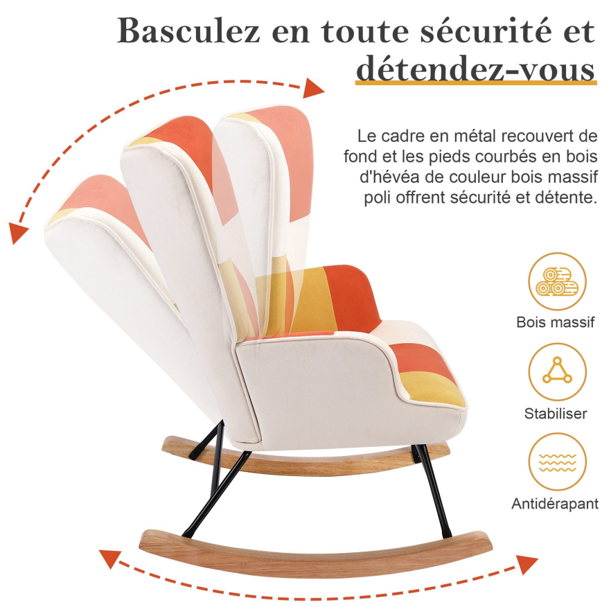 Fauteuil à bascule en patchwork pour le salon en velours avec cadre en métal et base en bois
