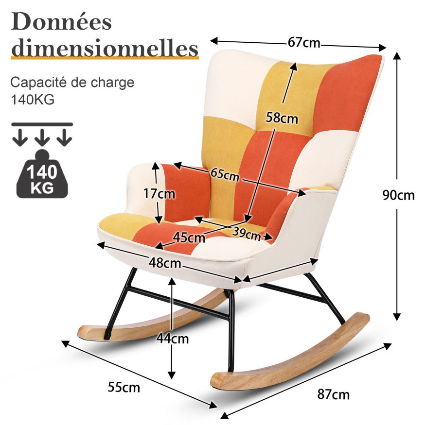 Fauteuil à bascule en patchwork pour le salon en velours avec cadre en métal et base en bois