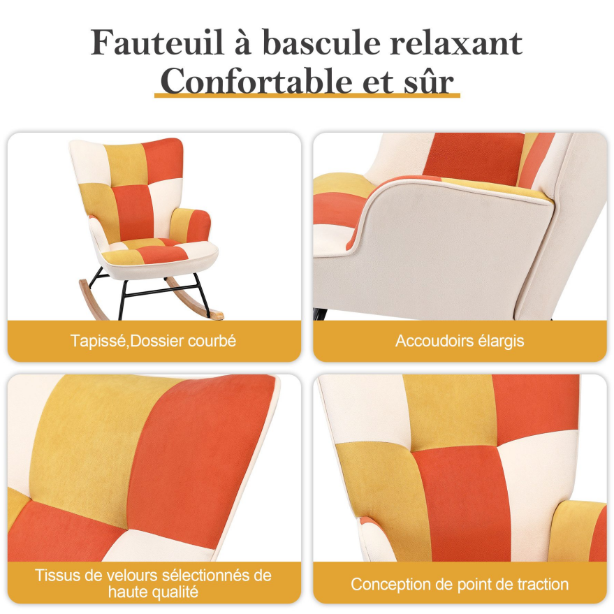 Fauteuil à bascule en patchwork pour le salon en velours avec cadre en métal et base en bois