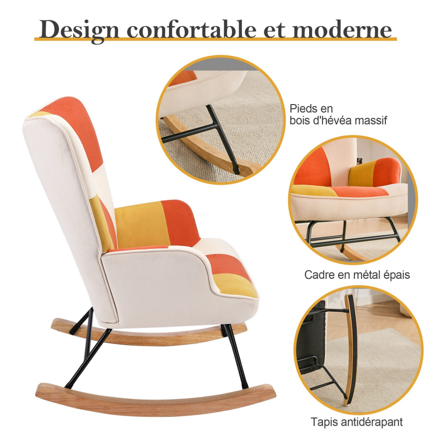 Fauteuil à bascule en patchwork pour le salon en velours avec cadre en métal et base en bois