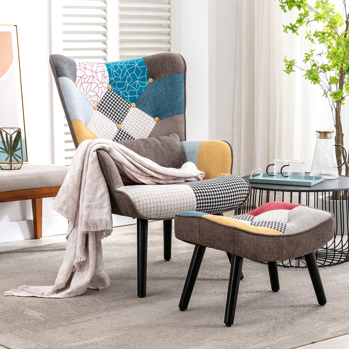 Scandinavian Patchwork Armchair with Ottoman - Solid Wood Legs & Lumbar Pillow - Multicolor Linen Fabric for Living Room/Balcony