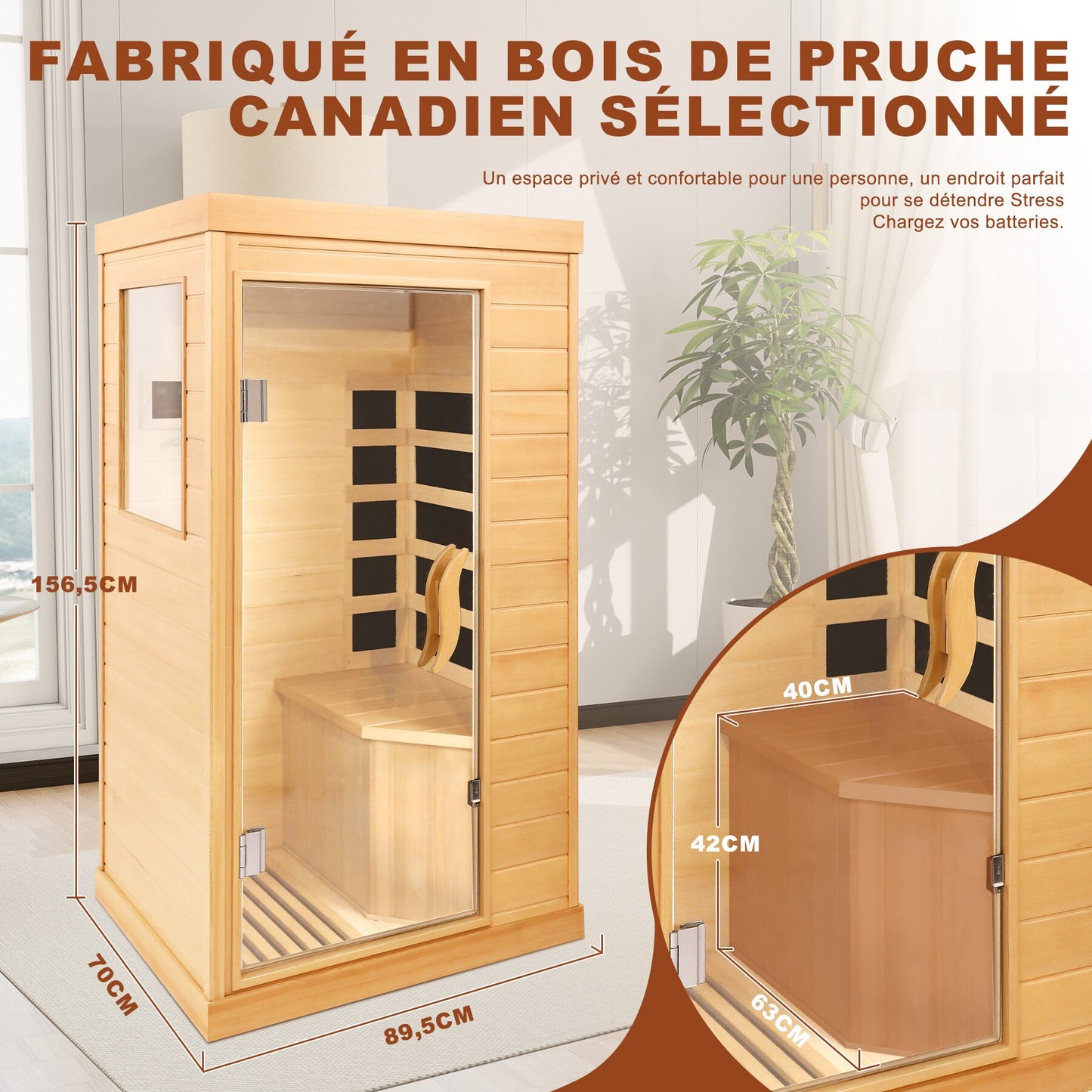 Cabine Sauna Infrarouge 1-2 Personnes – Bois de Pruche Canadien & Thérapie Infrarouge Lointain