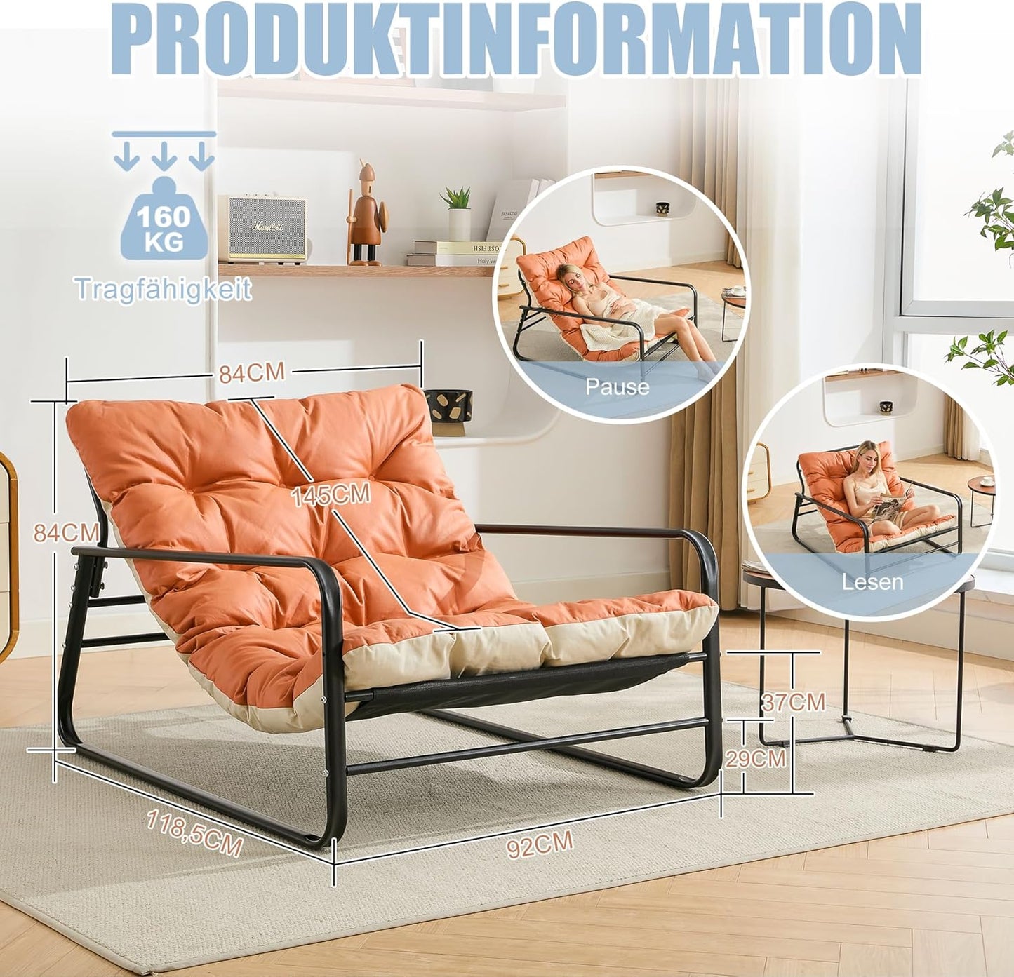 Espreguiçadeira de Jardim HOMEMIYN (118,5 x 92 x 72,5 cm - Material Aço - Cor Laranja)