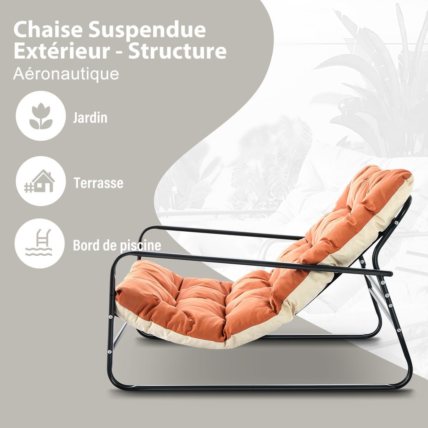 Set de jardin : canapé, fauteuils relax & transats avec coussins réversibles (orange+beige). Chaise longue acier, siège 2 places. Mobilier terrasse résistant