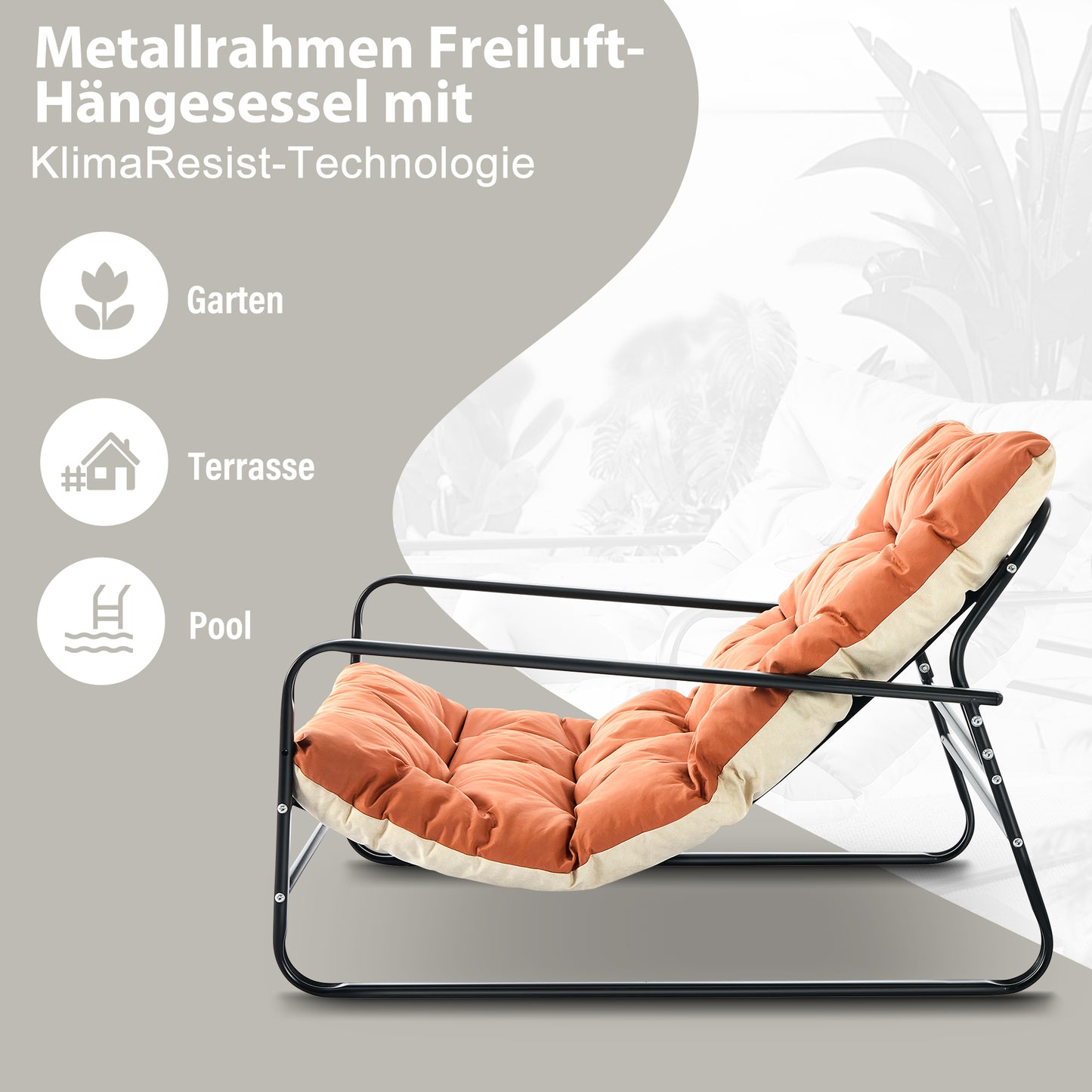 Huiskamerfauteuil, tuinligstoel met omkeerbaar kussen, ligstoel voor op het balkon van staal, gestoffeerde stoel voor 2 personen, terras (Oranje + Beige)
