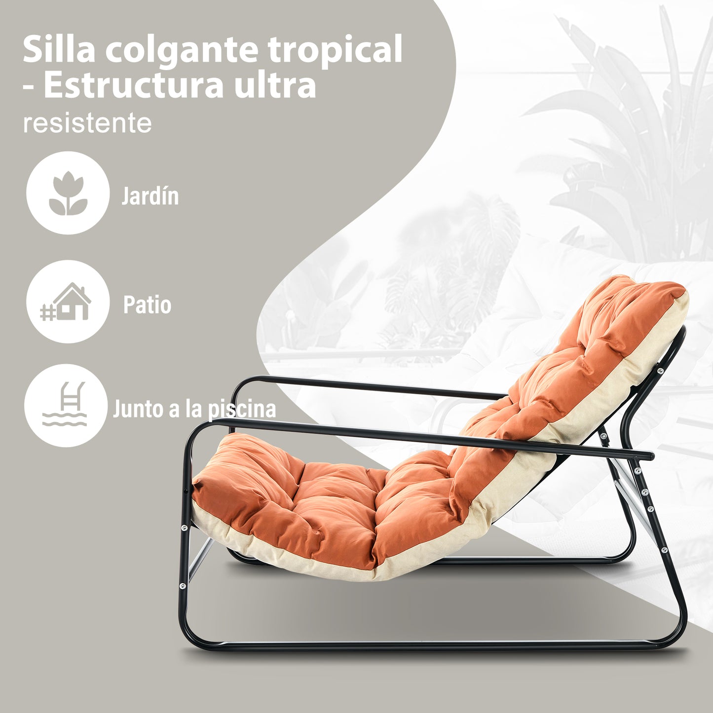 Sillones de salón, relax, tumbona jardín, hamaca balcón acero, 2 plazas, exterior, mueble terraza (Naranja+Beige)