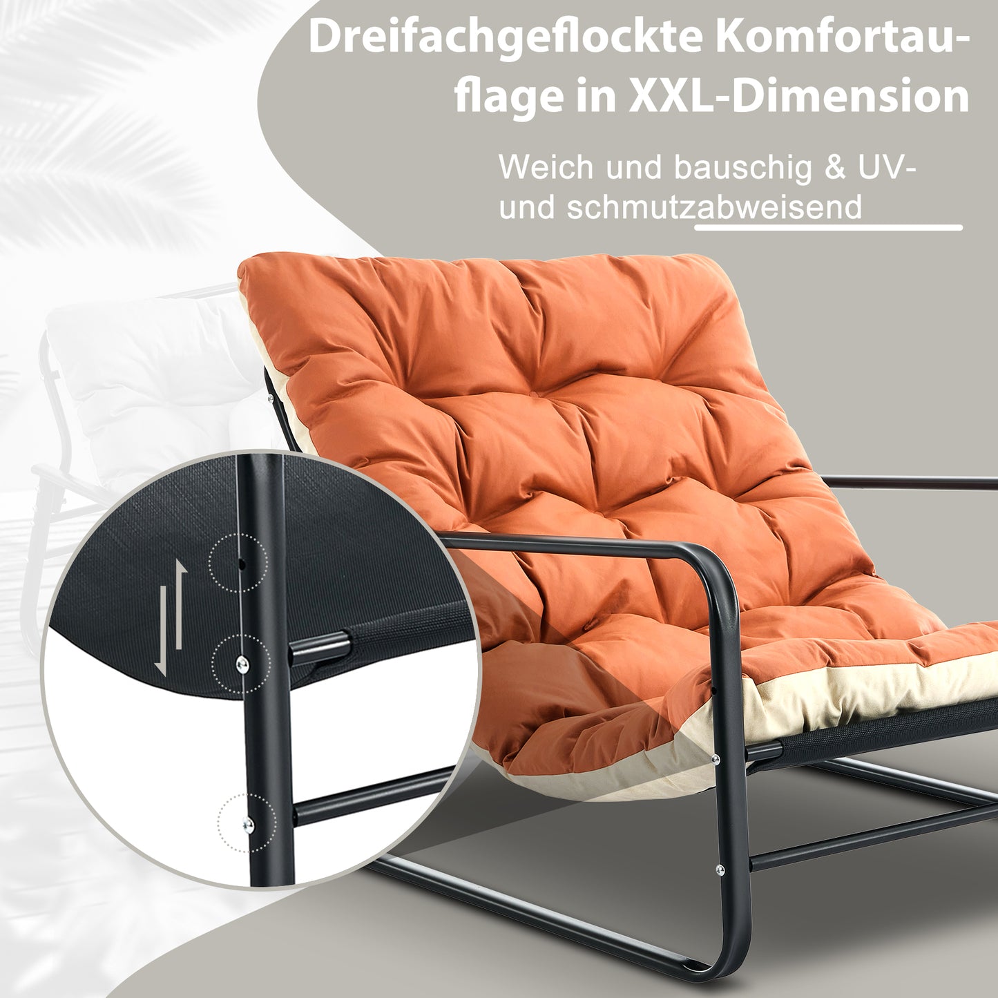 Huiskamerfauteuil, tuinligstoel met omkeerbaar kussen, ligstoel voor op het balkon van staal, gestoffeerde stoel voor 2 personen, terras (Oranje + Beige)