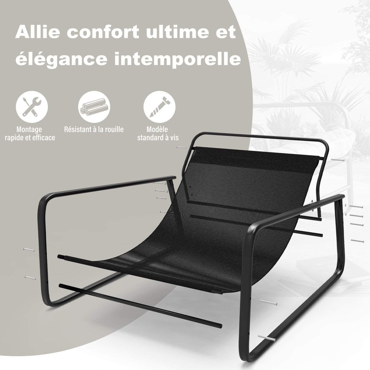 Set de jardin : canapé, fauteuils relax & transats avec coussins réversibles (orange+beige). Chaise longue acier, siège 2 places. Mobilier terrasse résistant