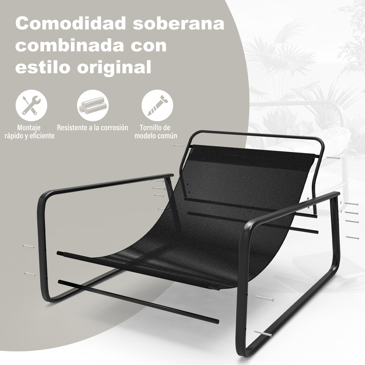 Sillones de salón, relax, tumbona jardín, hamaca balcón acero, 2 plazas, exterior, mueble terraza (Naranja+Beige)