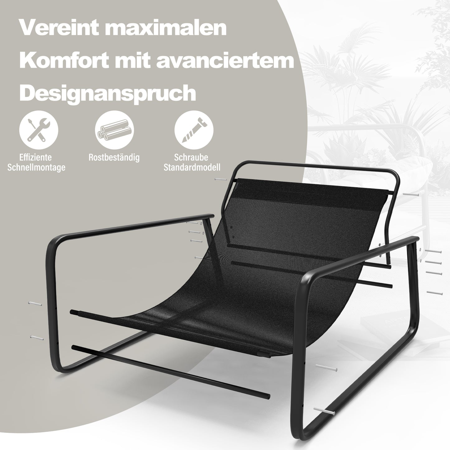 Huiskamerfauteuil, tuinligstoel met omkeerbaar kussen, ligstoel voor op het balkon van staal, gestoffeerde stoel voor 2 personen, terras (Oranje + Beige)