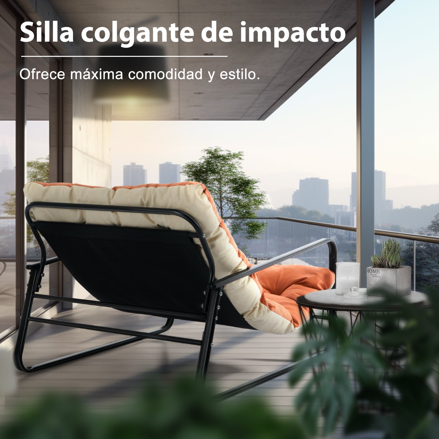 Sillones de salón, relax, tumbona jardín, hamaca balcón acero, 2 plazas, exterior, mueble terraza (Naranja+Beige)