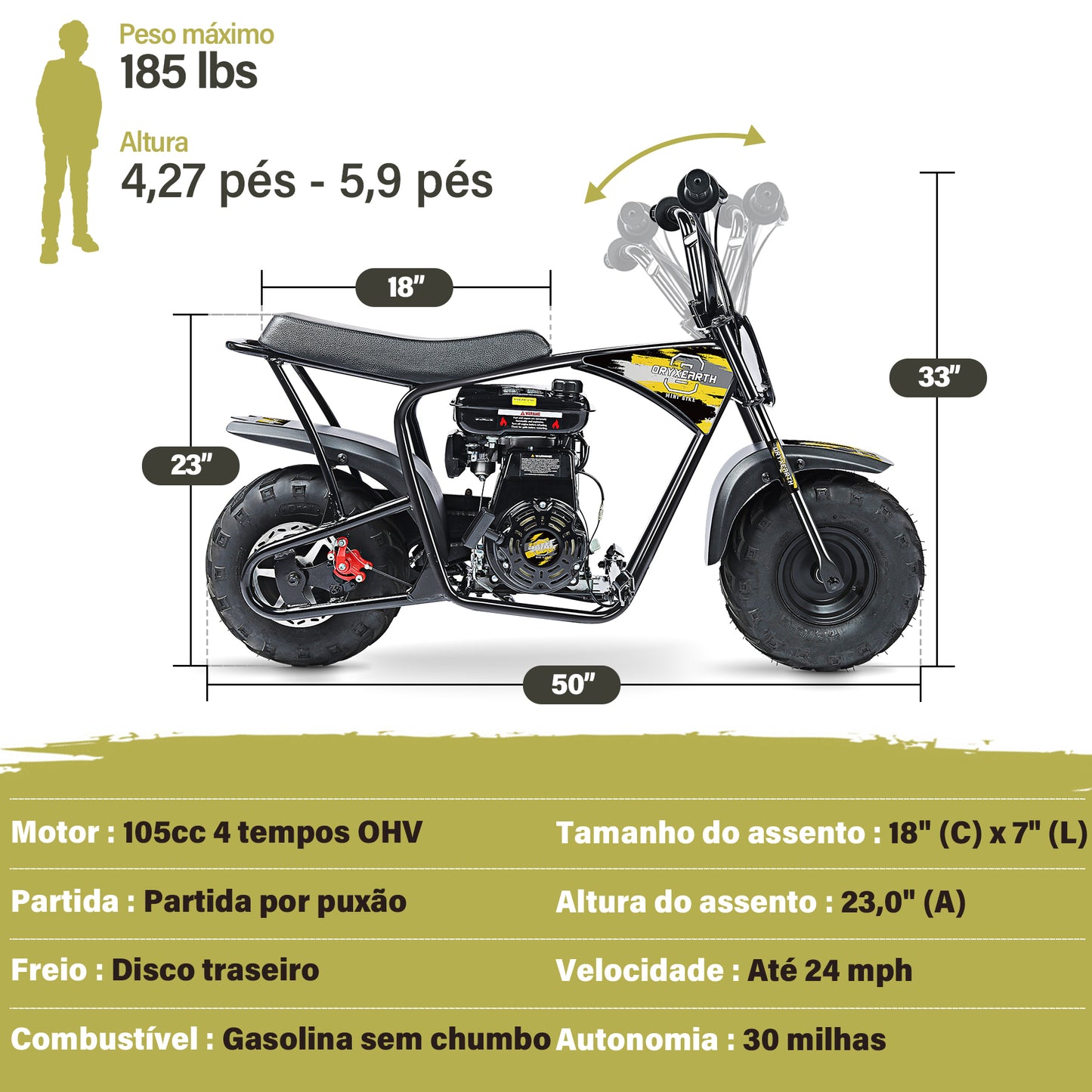 Mota Infantil Off-Road HOMEMIYN 105cc(100x38x66.5 cm - Motor 4-Tempos a Amarelo Automática - Idade 13+)