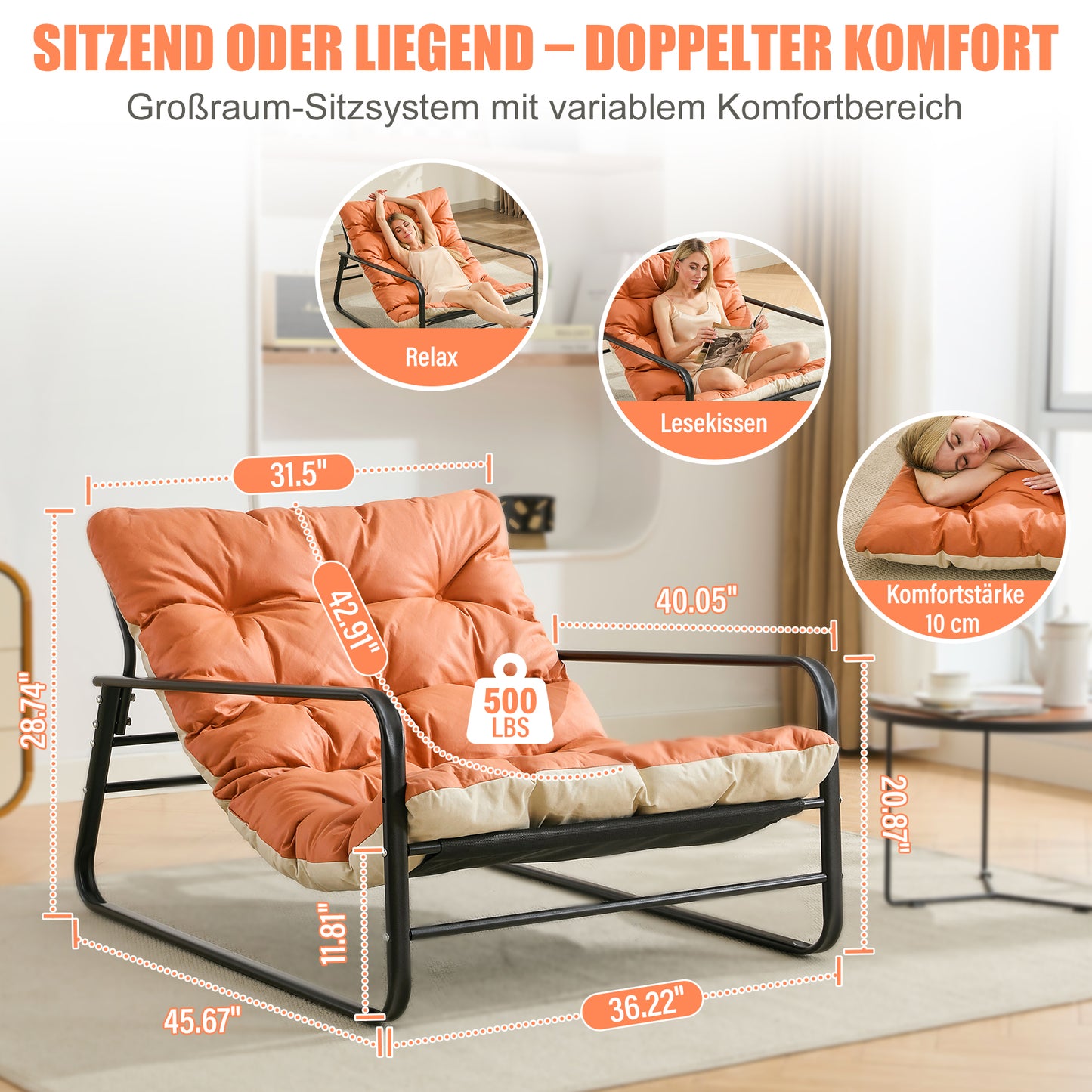 Huiskamerfauteuil, tuinligstoel met omkeerbaar kussen, ligstoel voor op het balkon van staal, gestoffeerde stoel voor 2 personen, terras (Oranje + Beige)