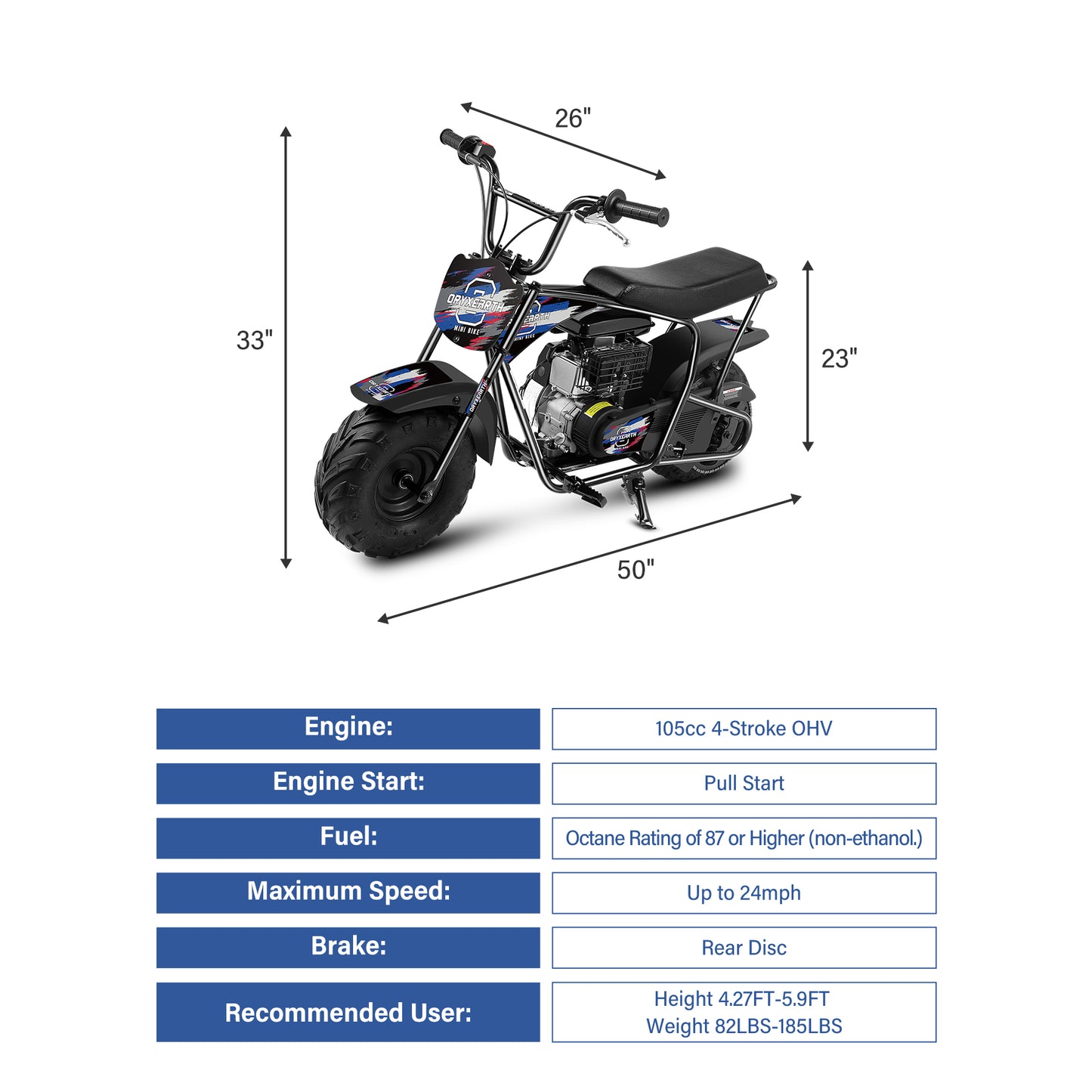 Mini Moto Todo-o-Terreno 105CC para Jovens - 4 Tempos, Transmissão Automática, Arranque por Corda, Acabamento em Azul Escovado - A Partir dos 13 Anos