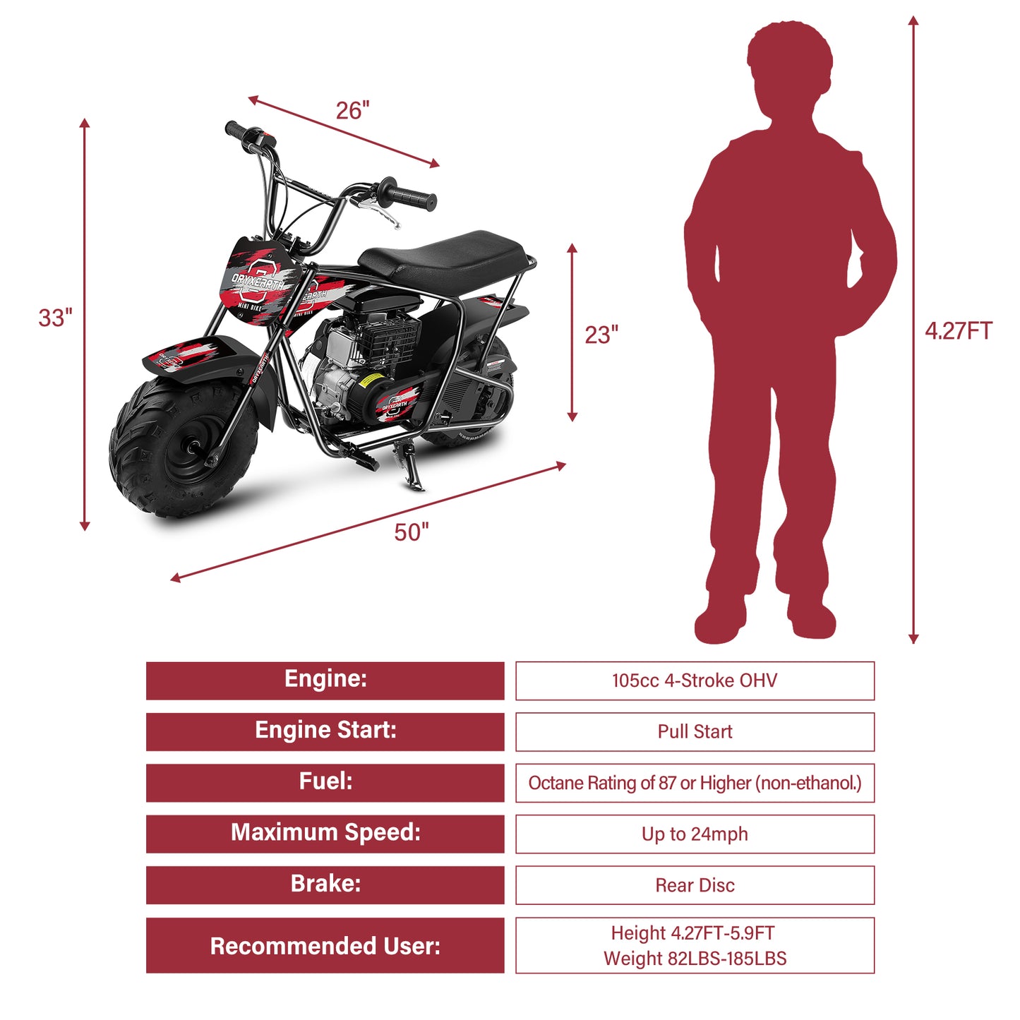 Minimoto todoterreno para niños de 105 cc: 4 tiempos, transmisión automática, arranque manual, acabado rojo cepillado, a partir de 13 años.