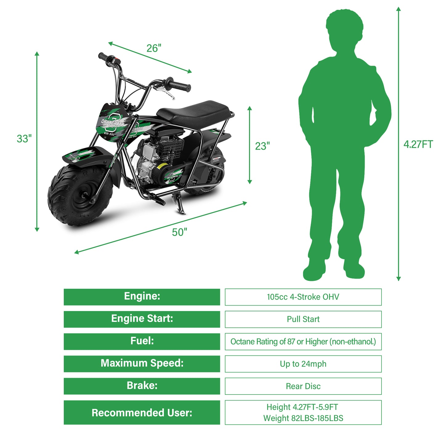 105 ccm Mini-Offroad-Motorrad für Kinder, 4-Takt-Motor mit Automatikgetriebe, Seilzugstarter, gebürstete grüne Lackierung, Geeignet für Kinder ab 13 Jahren