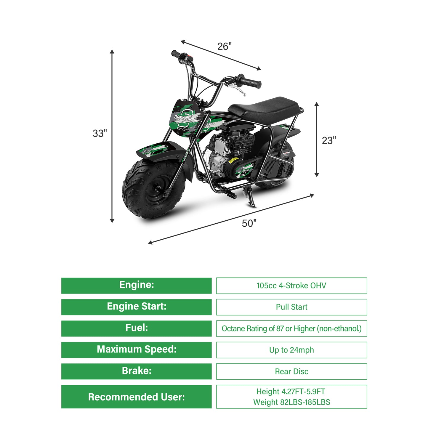 105 ccm Mini-Offroad-Motorrad für Kinder, 4-Takt-Motor mit Automatikgetriebe, Seilzugstarter, gebürstete grüne Lackierung, Geeignet für Kinder ab 13 Jahren