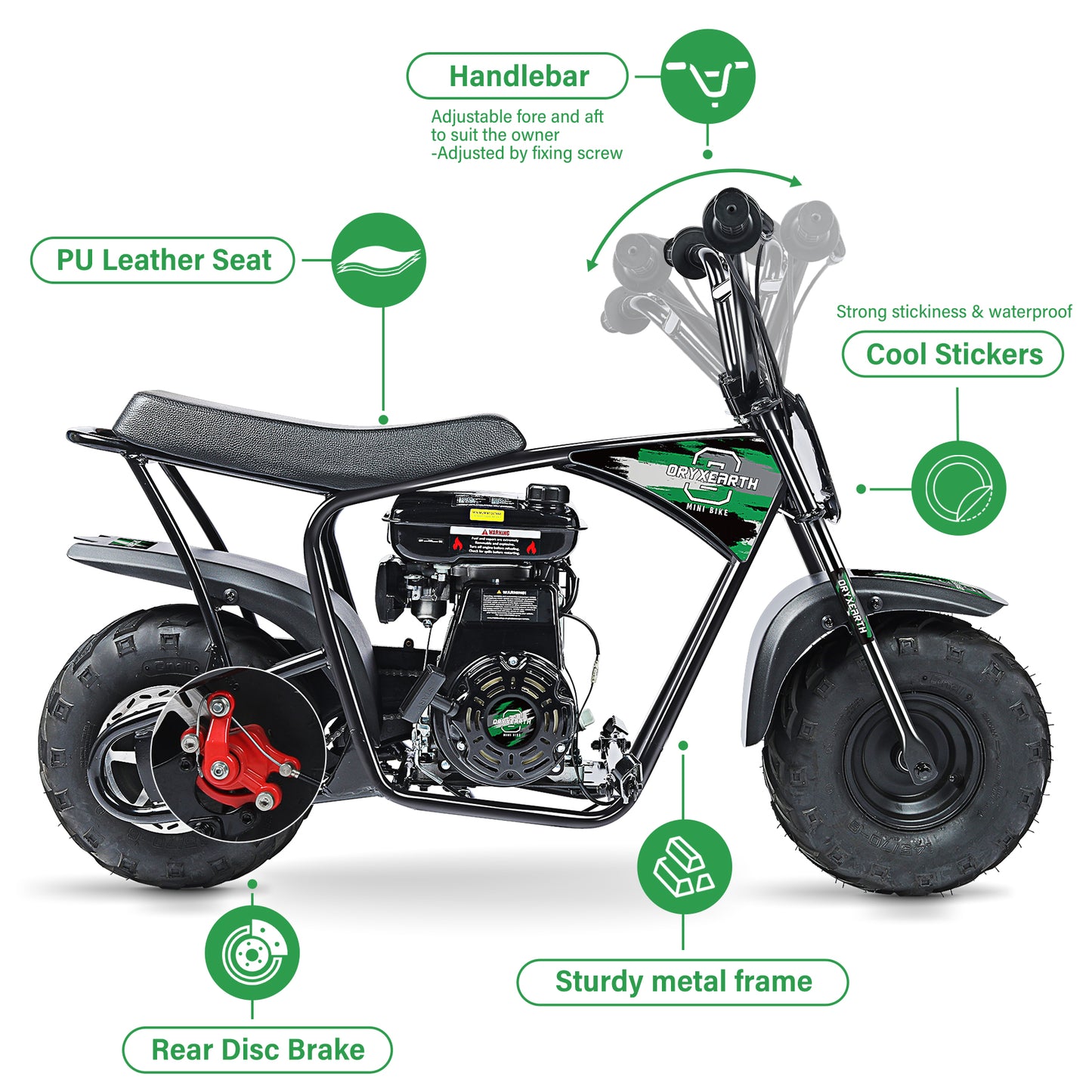 105 ccm Mini-Offroad-Motorrad für Kinder, 4-Takt-Motor mit Automatikgetriebe, Seilzugstarter, gebürstete grüne Lackierung, Geeignet für Kinder ab 13 Jahren