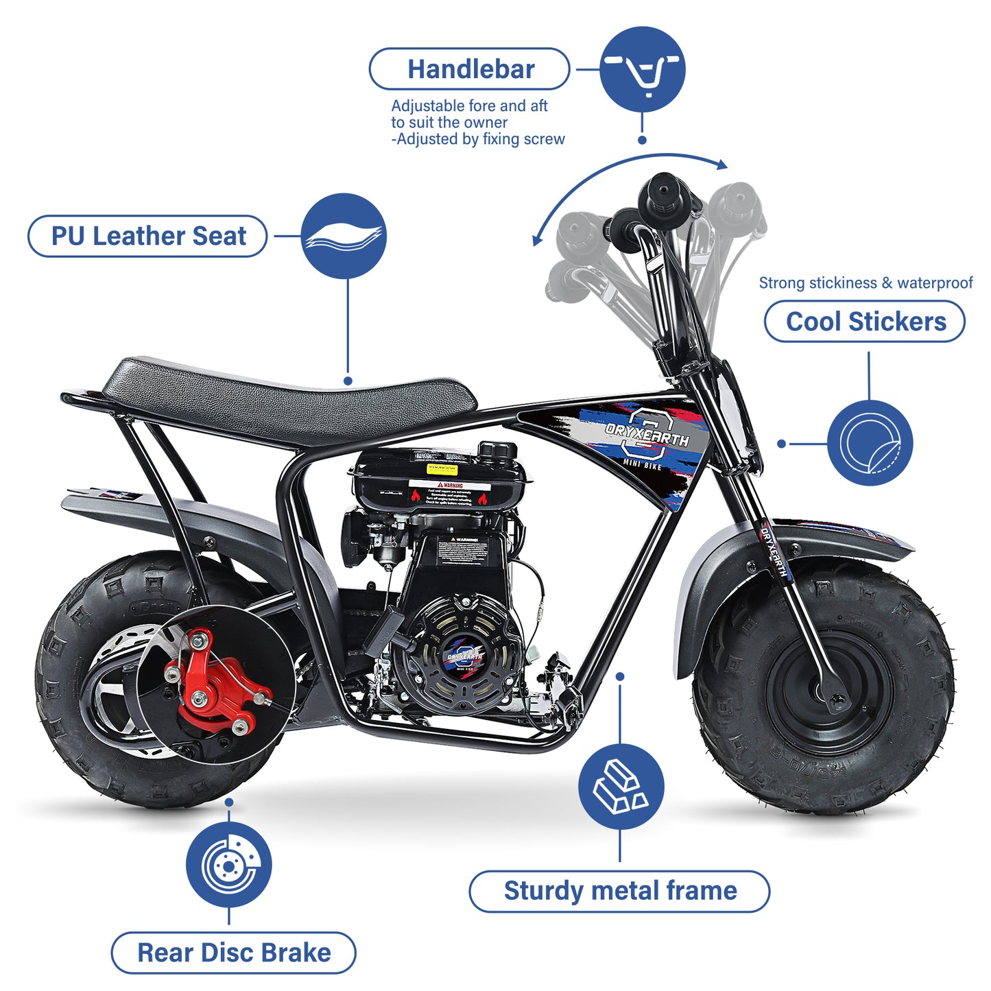 Mini Moto Todo-o-Terreno 105CC para Jovens - 4 Tempos, Transmissão Automática, Arranque por Corda, Acabamento em Azul Escovado - A Partir dos 13 Anos